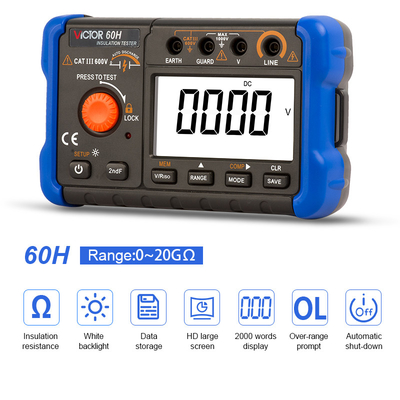 VICTOR60H Display Digitale isolatietester 1000V met gegevensopname Megohmmeter